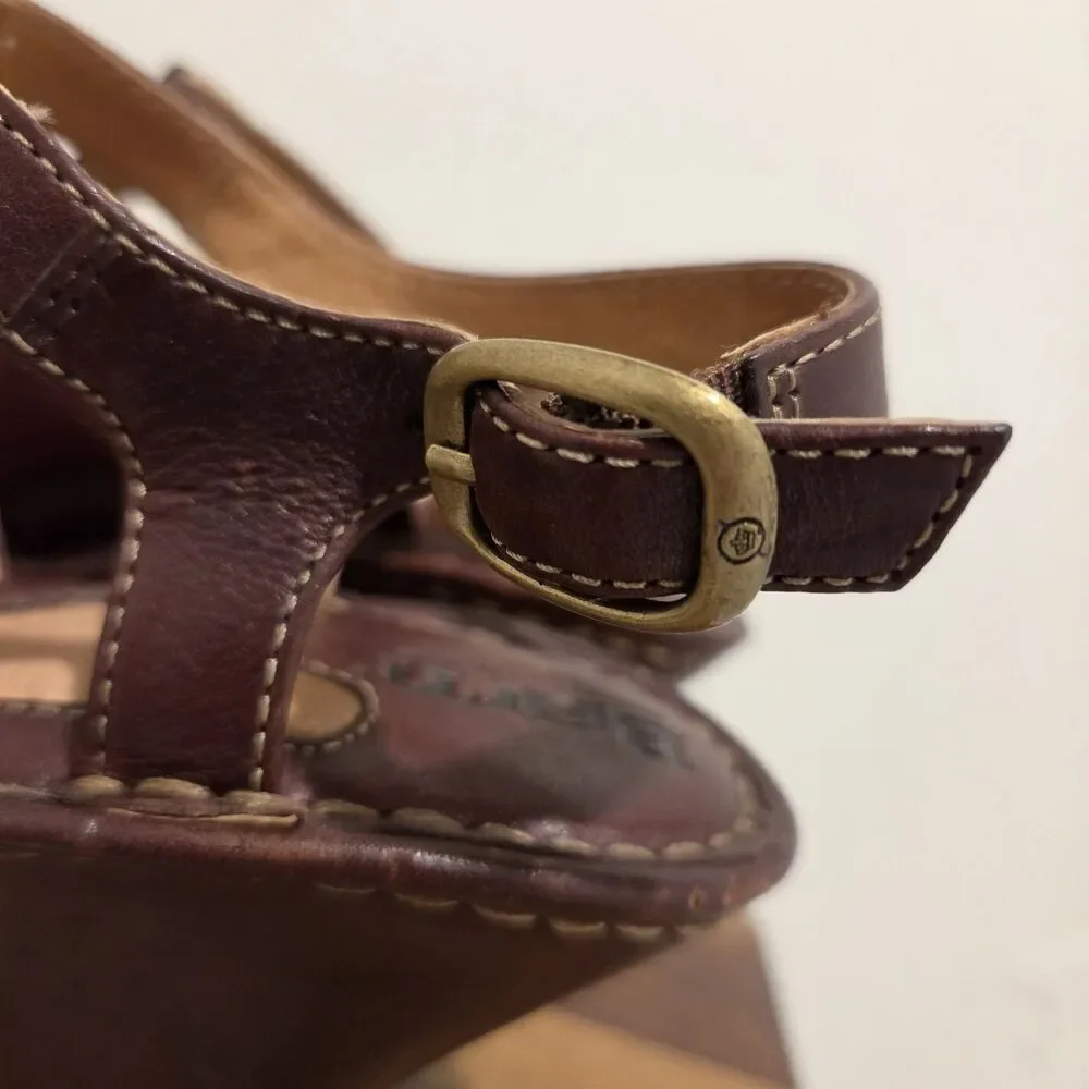 BORN Caged T-Strap Wedge Heeled Sandals US 7 Brown Leather Strappy Boho Hippie
